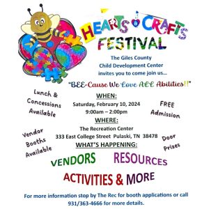 Information for a crafts festival on 2/10 from 9:00 am- 2:00 pm. To the top left, there is a bee over a heart with puzzle pieces. "Hearts and Crafts Festival" is written in various colors and fonts.
