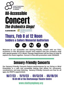 "All Accessible Concert: The Orchestra Sings" written in black text against a yellow and white background. Chattanooga Symphony & Opera logo on the upper left.