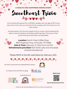 Pink and heart background with description for Sweetheart Trivia. Event on 2/21 from 6-8 pm at South Press, in Knoxville.