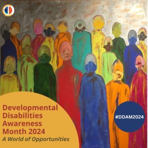 "Developmental disabilities awareness month 2024" written in a yellow semi-circle on the bottom left. Illustrations of silhouettes in different colors are the background.