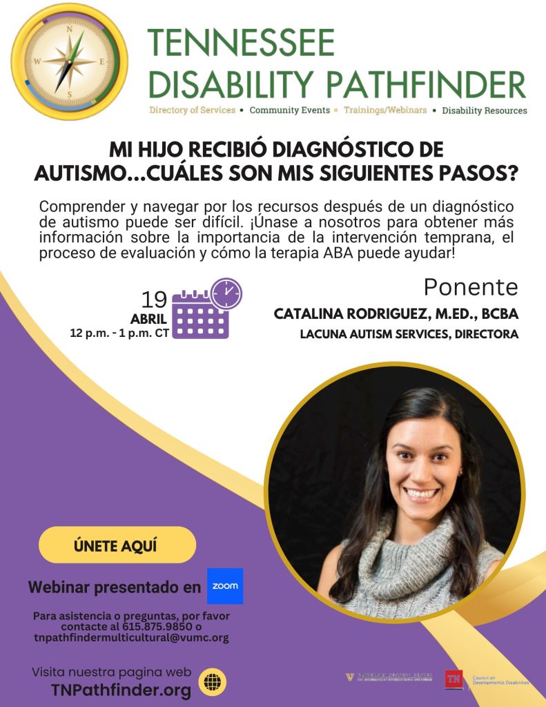 Pathfinder Spanish webinar image with a light purple and white color block background. Pathfinder logo on the top of the image. Text, "Mi Hijo Recibió Diagnóstico de Autismo...Cuáles Son Mis Siguientes Pasos? " written in capital letters underneath. Information about the webinar throughout the image. Photo of Verity Rodrigues, PhD is in a yellow circle on the bottom right.