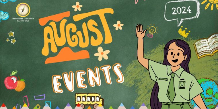 Green chalkboard background image hat says,. Pathfinder's branded graphic is on the top left of the iwith colorul school chalk writings, drawings, and multiple color pencils. Graffiti text is diaganolly centered on the chalkboard that says "August Events." Pathfinder's branded graphic is on the top left of the image..