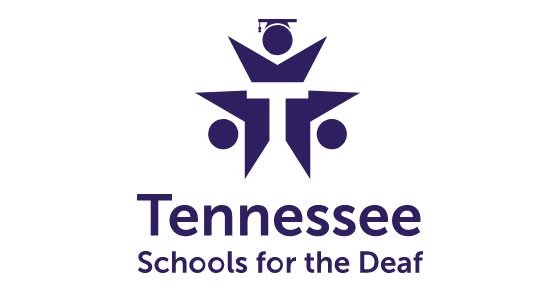 Image shows the logo for Tennessee Schools for the Deaf. The logo features three stylized human figures forming a star shape, with the central figure wearing a graduation cap. Below the logo, the text reads "Tennessee Schools for the Deaf." This design uses abstract human shapes to form a star, symbolizing unity and achievement, with an emphasis on education through the graduation cap. The logo visually represents inclusivity and academic success within schools serving deaf students.