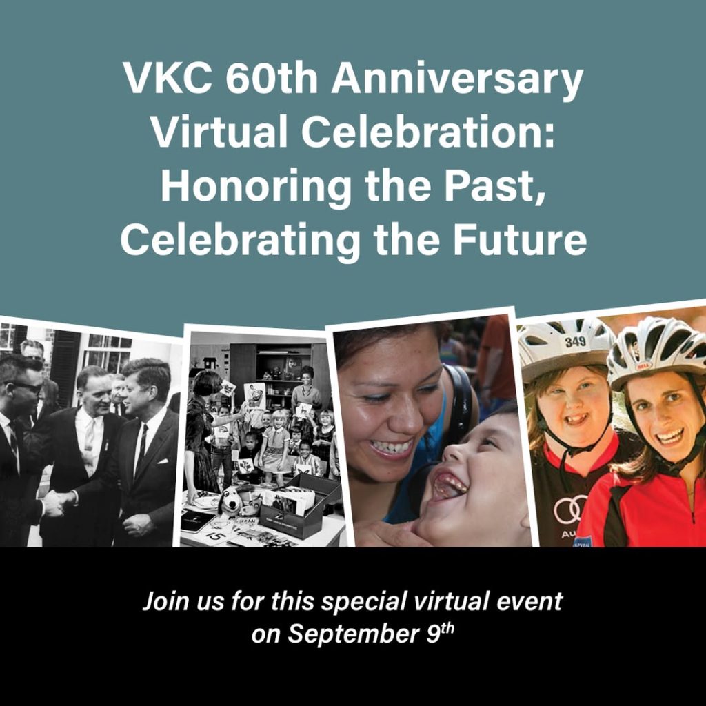 Promotional graphic for the VKC 60th Anniversary Virtual Celebration. The top section features bold white text on a teal background reading 'VKC 60th Anniversary Virtual Celebration: Honoring the Past, Celebrating the Future.' Below, there is a collage of historical and contemporary photographs, including people in suits shaking hands, a group gathered around a table with various objects, and individuals wearing sports attire and helmets. The bottom section has white italicized text on a black background stating 'Join us for this special virtual event on September 9th.'