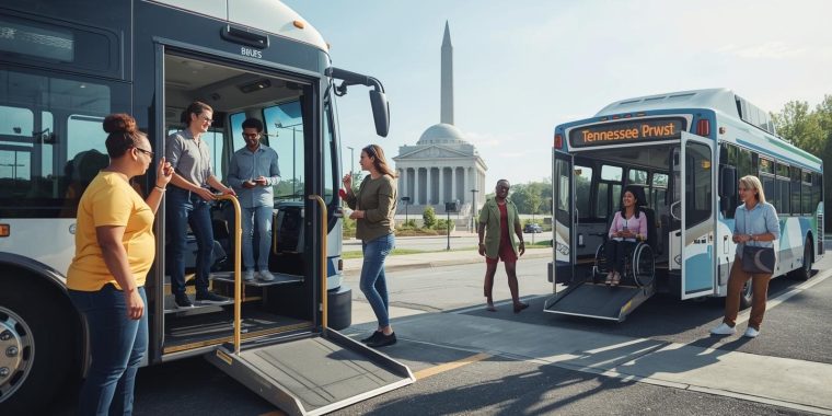 The image shows a group of people boarding and exiting two city buses at a bus stop in an urban area. One bus has passengers stepping off, while another bus has a person in a wheelchair using the ramp to board. In the background, there is a large domed building with columns and an obelisk monument, suggesting a notable or historic location. The scene is bright and lively, with diverse individuals interacting around public transportation. Brief description: This image depicts a public transportation scene where people of different backgrounds and abilities are using city buses near prominent architectural landmarks. It highlights community interaction, features like wheelchair ramps, and the importance of public transit in connecting people within urban environments. This image was created by AI.