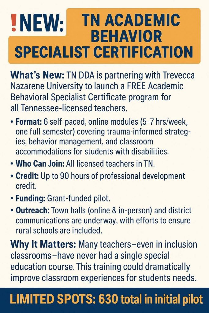 nformational graphic announcing a new Tennessee Academic Behavior Specialist Certification program. The design features bold text at the top reading “NEW: TN Academic Behavior Specialist Certification” in blue and yellow. Below, details are listed in bullet points: the program is free for Tennessee-licensed teachers, includes six self-paced online modules over one semester, offers up to 90 hours of professional development credit, is grant-funded, and includes outreach through town halls. A section titled “Why It Matters” explains that many teachers have never had a special education course and this training could improve classroom experiences. At the bottom, a yellow banner highlights “LIMITED SPOTS: 630 total in initial pilot.”