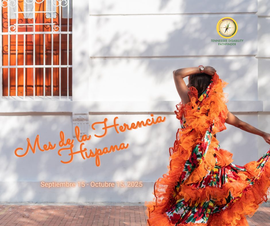 A close-up image of a wooden door painted in a warm orange-brown color, partially obscured by a white metal gate with bars and decorative scrollwork at the top. The door is set within a white wall, and sunlight casts soft shadows across the scene. On the right is a brown-skinned woman wearing a vibrant colored flamingo dress, looking towards the door. Bottom left is reddish cursive text, "Hispanic Heritage Month," and orange and white text: "September 15 - October 15, 2025."