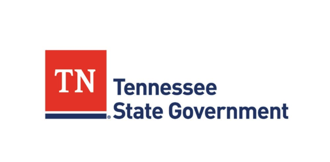 "TN State Goverment" Logo with red square to the left of the text with the white "TN" Letters over a dark blue horizontal rectangle box with a trademark symbol beside it. 