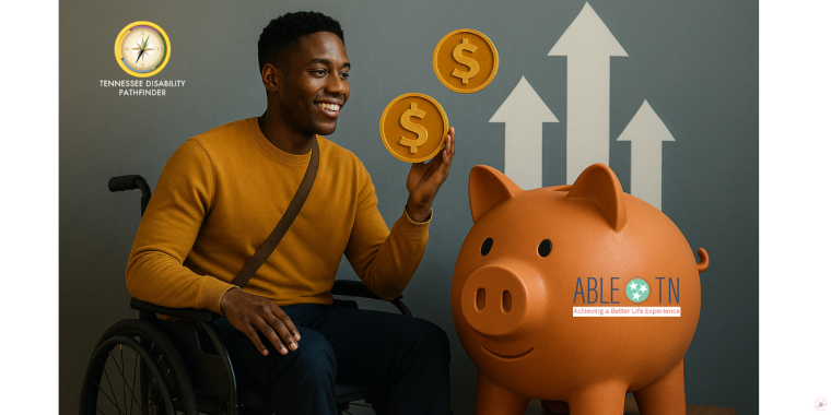 A person seated in a wheelchair wearing a mustard-colored sweater and dark pants is positioned next to a large orange piggy bank with the logo “ABLE TN: Achieving a Better Life Experience” on its side. The person is holding a gold coin with a dollar sign, and two additional gold coins float nearby. Behind them, three large white arrows point upward, symbolizing growth or progress. In the upper left corner, there is a compass graphic with the text “Tennessee Disability Pathfinder.” The background is a muted gray tone, creating a professional and financial planning theme. This image was created using AI by S.Adams-Avery