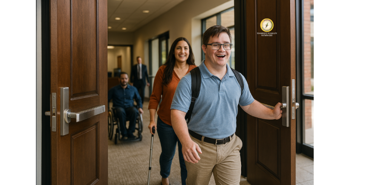 A group of individuals with visible disabilities entering through large wooden double doors into a professional office setting. One person uses a wheelchair, another uses a cane, and another carries a backpack and appears to have Down Syndrome. The right door features the Pathfinder logo, symbolizing access. Bright natural light streams through windows along the hallway, and a person in business attire is visible in the backgroundThis image was created using AI by S.Adams-Avery