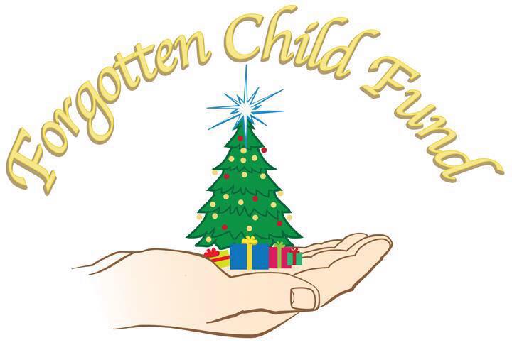 Logo for Forgotten Child Fund featuring a stylized hand holding a decorated Christmas tree with a bright star on top and colorful wrapped gifts at its base. The words “Forgotten Child Fund” curve above the image in gold lettering.