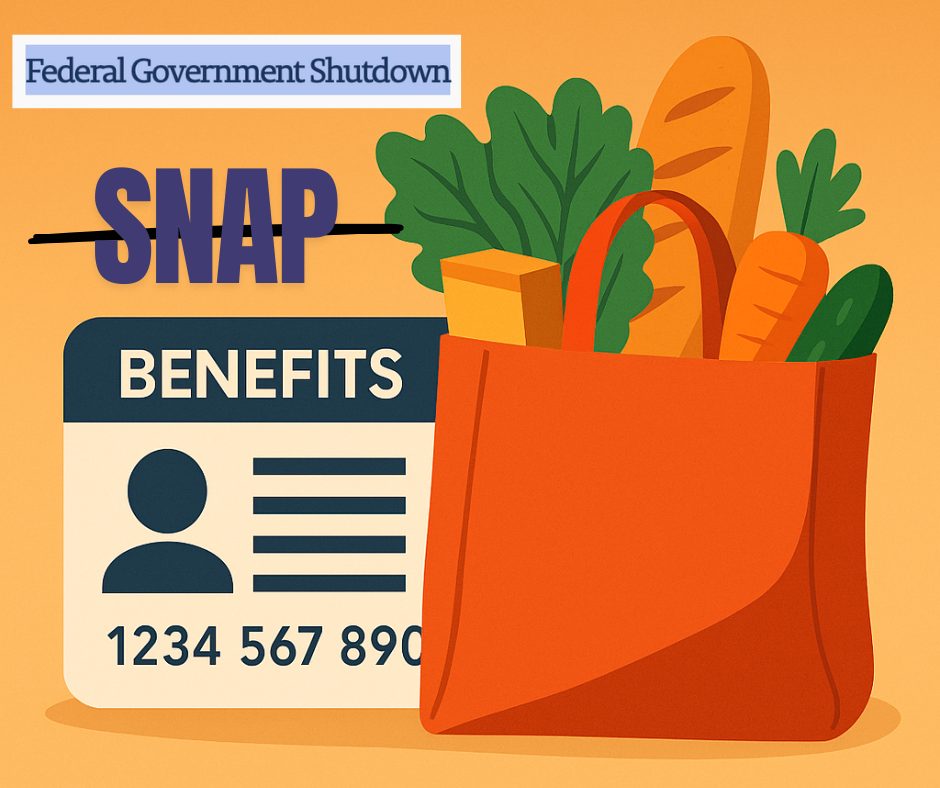 Illustration showing a benefits card and a grocery bag filled with fresh produce and bread. The word “SNAP” is crossed out in bold purple letters, and a label at the top reads “Federal Government Shutdown,” symbolizing the suspension of SNAP benefits during a shutdown.
