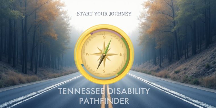 A scenic graphic showing an empty two-lane road lined with tall trees fading into mist in the background. At the center, a large gold and green compass icon is displayed. Above the compass, text reads “Start Your Journey,” and below it, the words “Tennessee Disability Pathfinder” appear in white.
