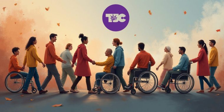 An illustration showing a group of people moving forward together against a soft gradient background of orange and blue tones. Several individuals are using wheelchairs, while others are walking alongside them. Some are shaking hands, symbolizing connection and cooperation. Autumn leaves are scattered in the air, adding a seasonal touch. At the top center, a purple circle displays the Tennessee Disability Coalition logo.