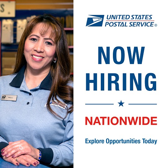 an image of text that says 'UNITEDS STATES POSTAL SERVICE NOW HIRING NATIONWIDE Explore Opportunities Today'