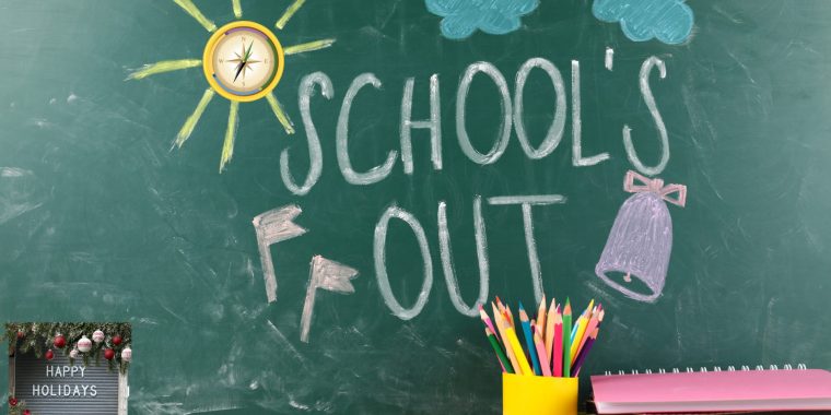 Green chalkboard with colorful chalk drawings of a sun, clouds, and a bell, along with large text reading “School’s Out.” A yellow cup filled with colored pencils and stacked notebooks sits at the bottom. The Tennessee Disability Pathfinder logo is in the top left corner, and a small sign in the corner reads “Happy Holidays.”