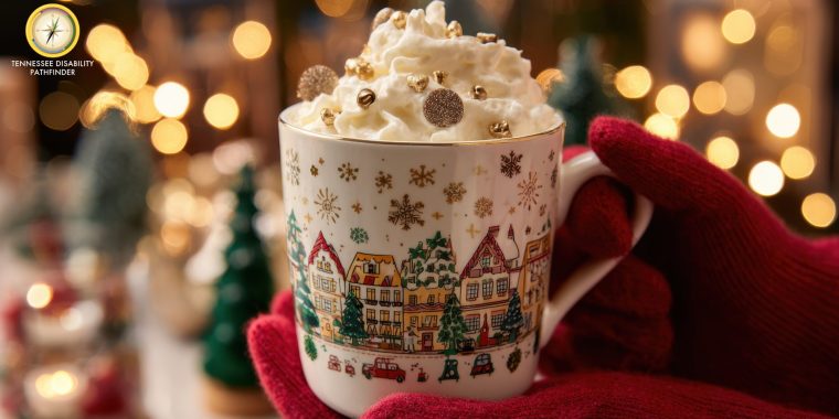 A close-up of a festive holiday mug filled with whipped cream and topped with gold and silver sprinkles. The mug features a winter village design with snowflakes and houses. It is held by hands wearing bright red gloves, with blurred holiday lights and small decorated trees in the background. Tennessee Disability Pathfinder logo appears in the upper left corner.