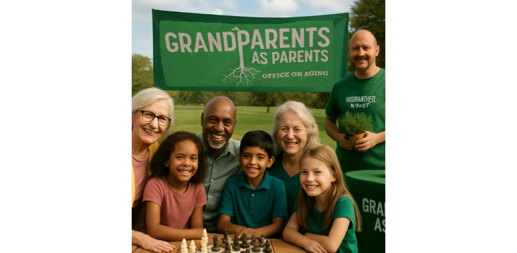 A group of people gathered outdoors in front of a green banner that reads “GRANDPARENTS AS PARENTS – OFFICE ON AGING.” The setting appears to be a grassy park or open field with trees in the background. Several individuals are seated at a table with a chessboard in the foreground, while others stand nearby. One person is wearing a green shirt with white text that says “MORE THAN A NUTRIT” (partially visible). The scene suggests a community or family-oriented event focused on grandparents raising grandchildren.