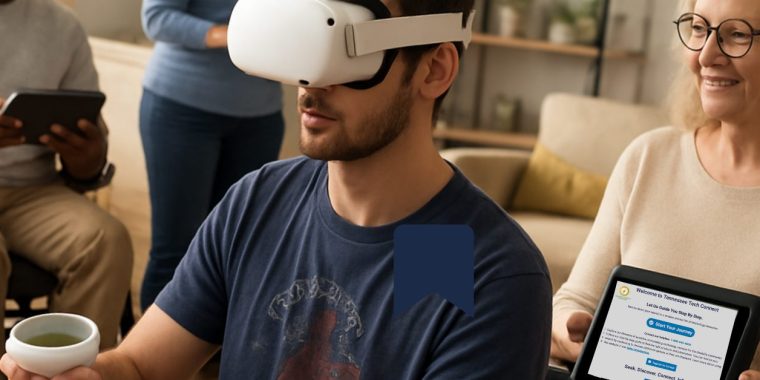 A person wearing a white virtual reality headset sits at a table holding a green coffee mug. Another individual next to them holds a tablet displaying the Tennessee Disability Pathfinder website, which includes a button labeled “Start Your Journey.” In the background, a third person is seated using a digital device. The setting appears to be a modern living room with a beige couch, decorative pillows, and shelves with small plants and decor items.