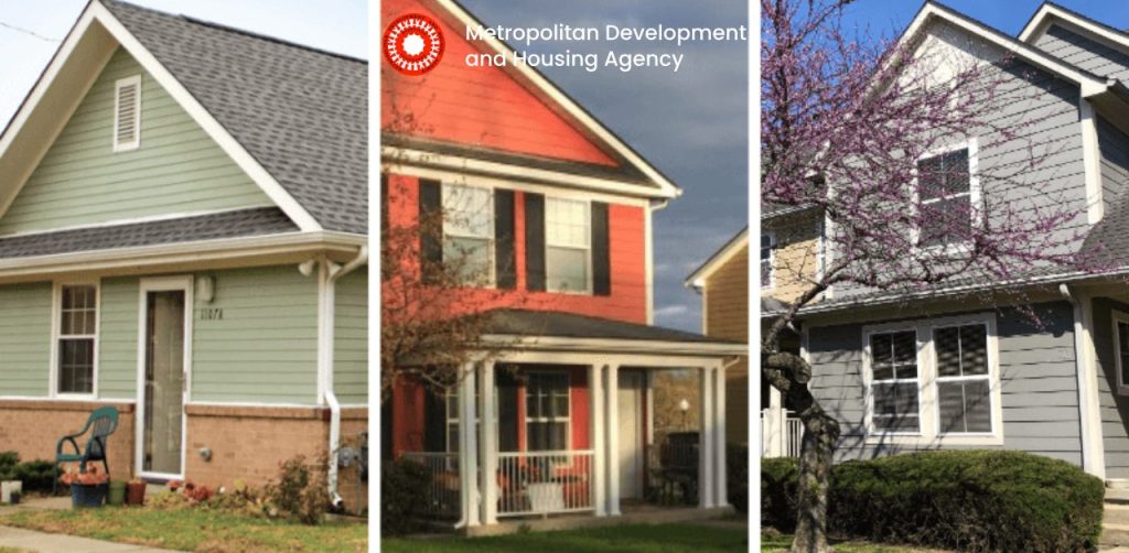A three‑panel image shows different MDHA housing properties. The left panel features a light green single‑story house with white trim, a small front porch, and a chair near the entrance. The middle panel shows a two‑story red and beige house with a covered front porch and windows on both levels. The right panel displays a gray two‑story home with white trim and a blooming tree with pink flowers in the front yard. At the top center of the image, the Metropolitan Development and Housing Agency logo and name appear in white text.