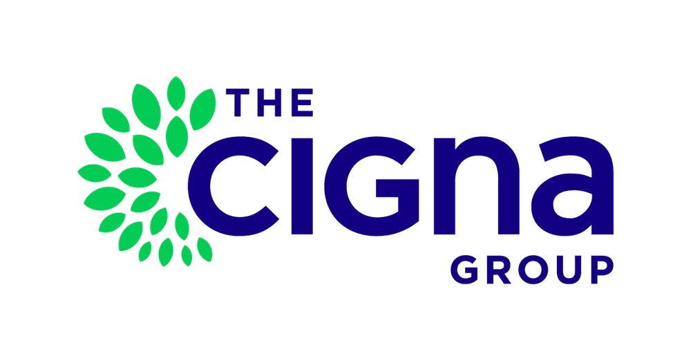 Logo for The Cigna Group featuring a circular cluster of green leaf shapes to the left and the company name in bold blue text on a white background.