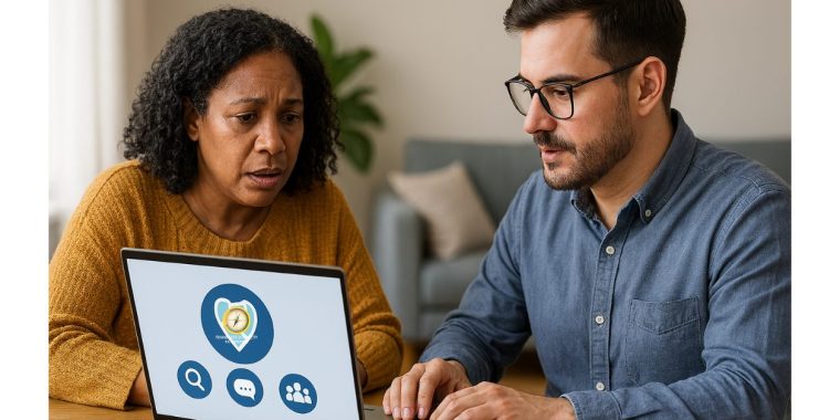 Two people sitting at a table with an open laptop in front of them. The laptop screen displays a graphic with a location pin icon containing a compass symbol, along with three circular icons representing search, messaging, and a group of people. Both individuals are focused on the laptop, with one person’s hands resting near the keyboard. A sofa and pillow are visible in the background.