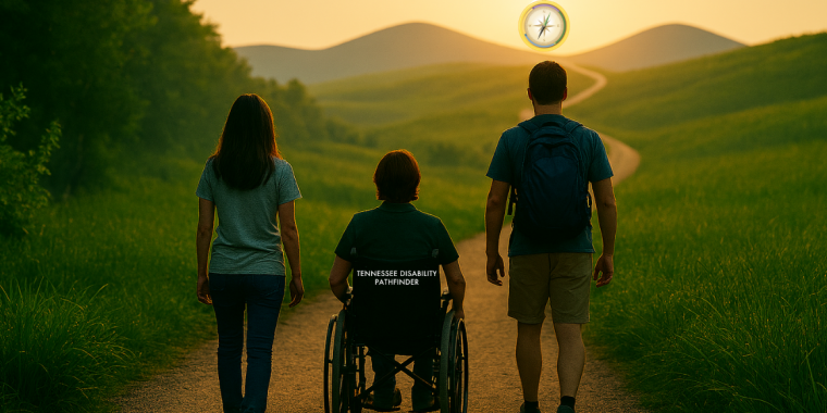A scenic outdoor image showing three individuals traveling along a wide dirt path surrounded by tall green grass. The person in the center is using a wheelchair with “Tennessee Disability Pathfinder” printed on the back. The individuals on the left and right are walking beside the wheelchair user. The path leads toward rolling hills in the distance, with a warm golden sunset on the horizon. A circular Tennessee Disability Pathfinder compass logo appears in the sky above the hills.