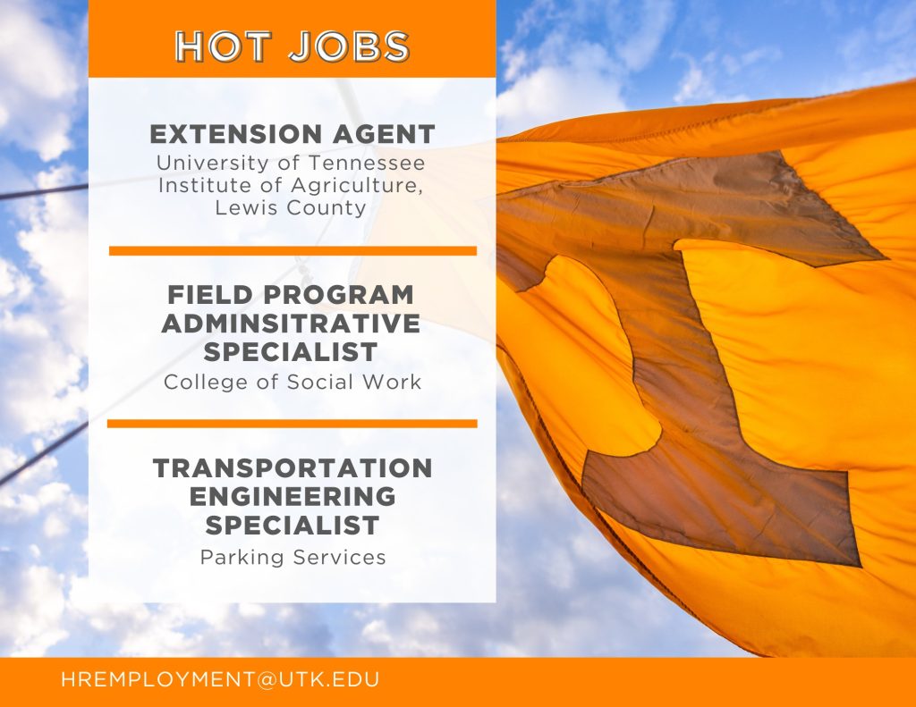 Image promoting “Hot Jobs” at the University of Tennessee. The graphic lists three open positions—Extension Agent, Field Program Administrative Specialist, and Transportation Engineering Specialist—displayed on a white panel. Beside the panel is an orange flag with a large “T” emblem against a blue sky with scattered clouds. The layout uses bold orange accents and includes contact information at the bottom.