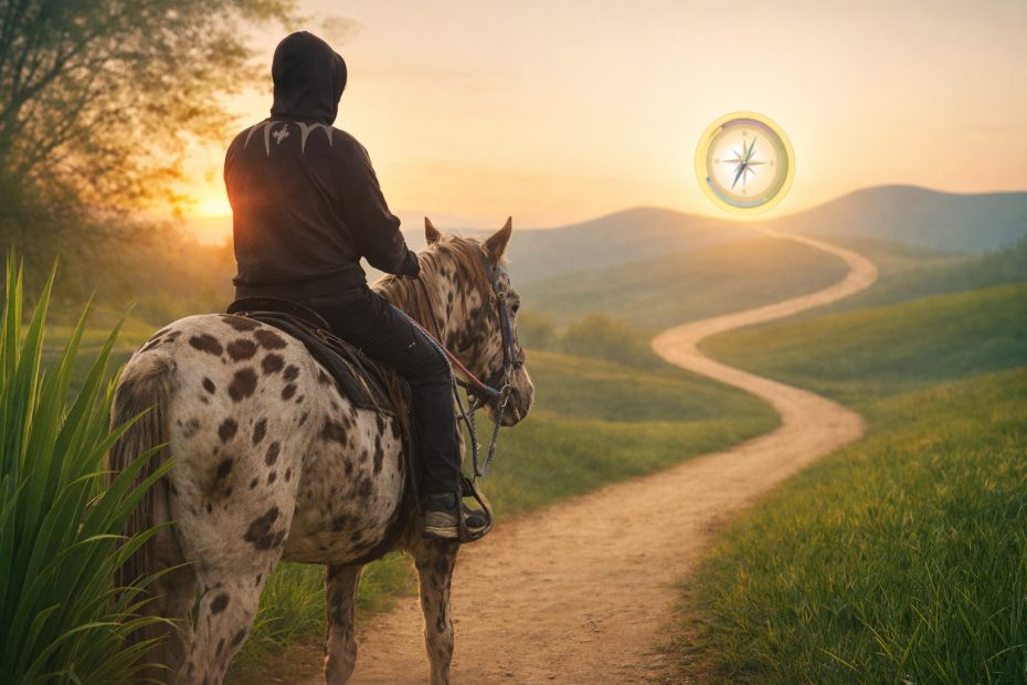 A man sits confidently on a spotted Appaloosa horse, facing down a winding sunlit path through rolling green hills. The scene blends a real horseback riding photo with a warm landscape, symbolizing forward movement and independence. The rider wears dark clothing and sits upright in the saddle while the horse stands calmly. A soft sunrise glow lights the path ahead, and a subtle compass icon appears in the sky, suggesting guidance and direction. The image represents growing confidence, decision-making, and moving forward with support.