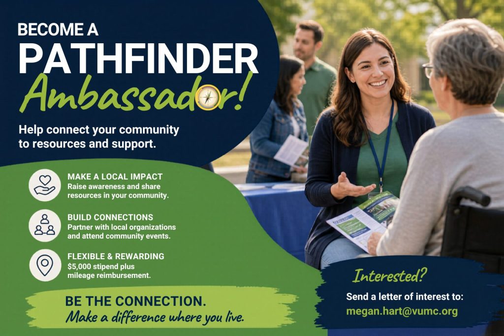 Recruitment graphic for the Tennessee Disability Pathfinder Ambassador Program. The design features bold navy blue and green curved sections with large white and lime-green text reading, “Become a Pathfinder Ambassador!” The Tennessee Disability Pathfinder compass logo is incorporated into the word “Ambassador.” Beneath the headline, white text states, “Help connect your community to resources and support.” On the right side of the image, a smiling woman with long brown hair wearing a green shirt, navy cardigan, and lanyard is seated outdoors speaking with an older adult using a wheelchair. She gestures warmly while holding informational materials, suggesting a supportive conversation at a community outreach event. In the softly blurred background, additional people stand near tables and appear engaged in conversation outdoors on a sunny day. The lower left section highlights program details with icons and text: “Make a Local Impact — Raise awareness and share resources in your community,” “Build Connections — Partner with local organizations and attend community events,” and “Flexible & Rewarding — $5,000 stipend plus mileage reimbursement.” At the bottom, large navy text on a lime-green brushstroke reads, “Be the Connection. Make a difference where you live.” In the lower right corner, a navy blue paint-stroke graphic contains lime-green and white text reading, “Interested? Send a letter of interest to: megan.hart@vumc.org.” The overall tone is welcoming, community-centered, and encouraging.