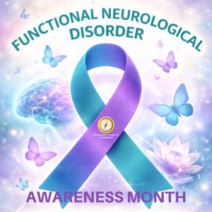 A soft pastel awareness graphic for Functional Neurological Disorder Awareness Month featuring a large teal and purple awareness ribbon centered on a light glowing background. Surrounding the ribbon are butterflies, sparkles, and a lotus flower, with a faint illustration of a brain on the left. The Tennessee Disability Pathfinder logo appears on the ribbon. Curved text at the top reads “Functional Neurological Disorder,” and bold text at the bottom reads “Awareness Month.”
