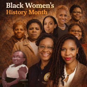 A collage graphic titled “Black Women’s History Month” features a group of Black women from past and present arranged together. The image includes historic and contemporary figures, along with two Tennessee Disability Pathfinder team members in the foreground. The background uses warm brown tones to unify the portraits and highlight the theme of leadership, resilience, and lasting impact.
