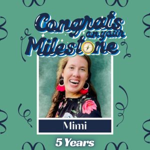 A teal celebration graphic reads “Congrats on your Milestone” above a photo labeled “Mimi” with “5 Years” below. The image features a smiling woman wearing a floral top and bright pink tassel earrings. Decorative confetti-style lines appear around the design, along with the Tennessee Disability Pathfinder compass logo.