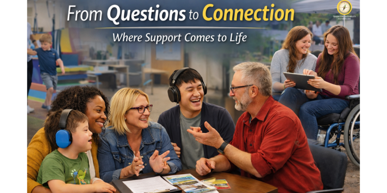 A diverse group of individuals and families sits together at a table in a welcoming community setting, speaking with a navigator while reviewing brochures and resources. A child wearing noise-reducing headphones sits beside a parent, while another adult gestures during conversation. In the background, a child participates in a sensory-friendly activity, and two women—including one using a wheelchair—review information on a tablet outdoors. The image represents connection, guidance, and real-world autism support across different ages, backgrounds, and disability experiences. Pathfinder's logo is on the top right of the image.