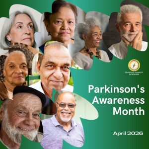 A graphic for Parkinson’s Awareness Month shows a collage of older adults from diverse backgrounds arranged inside green ribbon-shaped elements. The Tennessee Disability Pathfinder logo appears on the right, alongside text reading “Parkinson’s Awareness Month” and “April 2026.”