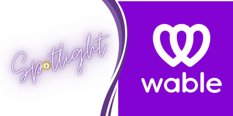 A purple graphic displays two logos side by side: the Olivia Hudson Spotlight logo with a stylized script and compass icon, and the Wable logo featuring a heart-shaped “W” above the word “wable” in white text on a purple background.
