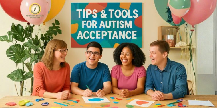 Four young adults sit together at a table smiling and working on a craft activity using colorful paper shapes. Behind them is a sign that reads “Tips & Tools for Autism Acceptance.” Balloons in soft colors are placed around the room, and craft supplies are spread across the table. The Tennessee Disability Pathfinder logo appears in the top left corner.