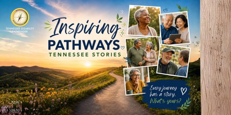 Promotional graphic for Tennessee Disability Pathfinder’s “Inspiring Pathways: Tennessee Stories.” The image features a winding paved path stretching through rolling green hills and wildflowers at sunset, with warm golden light illuminating the landscape and mountains in the distance. In the upper left corner is the Tennessee Disability Pathfinder compass logo. Centered near the top, large stylized text reads “Inspiring Pathways Tennessee Stories” in navy blue and green lettering with decorative leaves and small heart doodles around it. On the right side of the image, several overlapping photo-style snapshots feature diverse older adults smiling, talking, and spending time together. One photo shows an older Black woman with short gray hair smiling outdoors. Another shows an older Asian couple sitting together looking at a tablet and laughing. A third image features an older couple walking arm in arm outdoors. Another shows two older men in conversation and smiling. A final image shows an older woman with gray hair and glasses seated indoors smiling thoughtfully with a mug nearby. At the bottom right, handwritten-style text inside a navy blue paint-stroke graphic reads, “Every journey has a story. What’s yours?” accented with small hand-drawn hearts and greenery. The overall design feels warm, hopeful, and reflective, emphasizing aging, storytelling, connection, and lived experiences across diverse communities.
