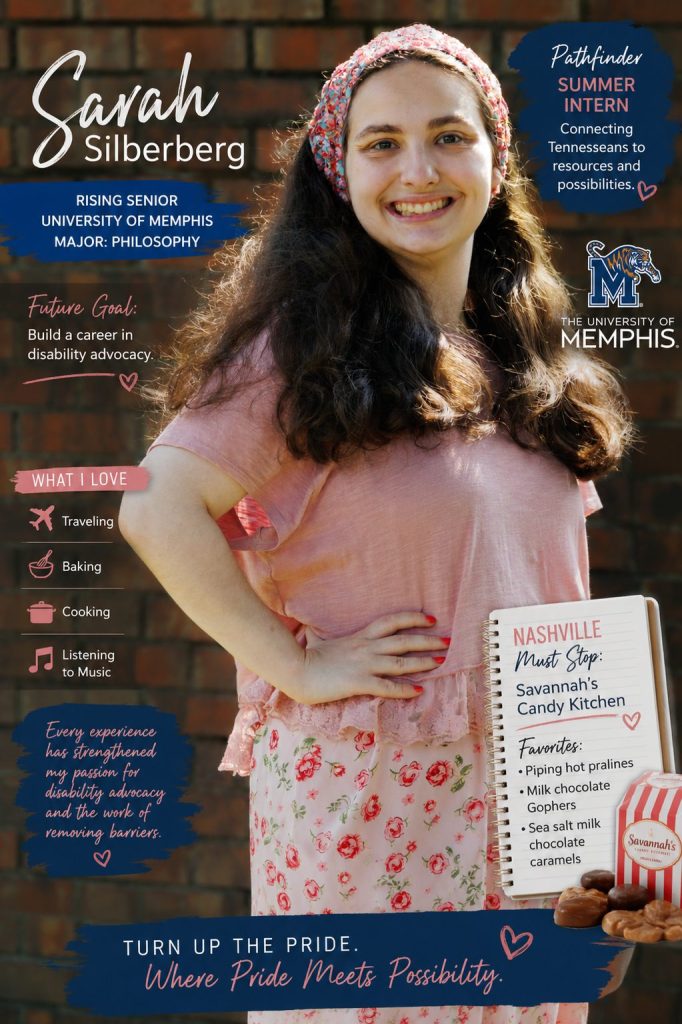 Sarah Silberberg smiles in front of a brick wall in a graphic introducing her as Pathfinder’s summer intern and a rising University of Memphis senior majoring in Philosophy. The design highlights her interest in disability advocacy and her love of traveling, baking, cooking, music, and visiting Savannah’s Candy Kitchen in Nashville.