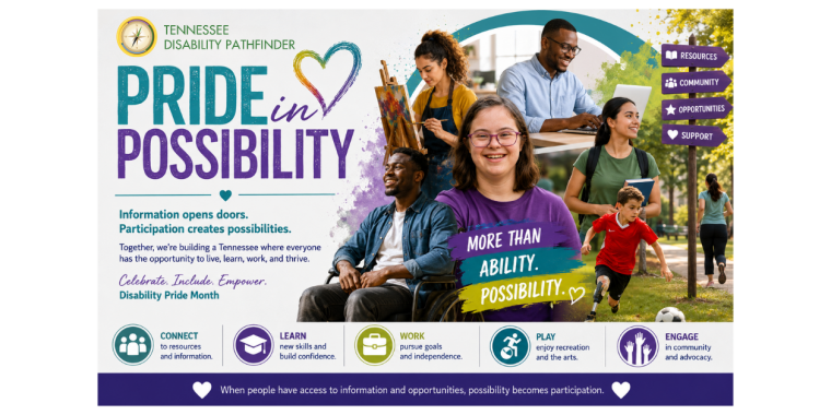 This vibrant promotional graphic emphasizes disability pride and community inclusion, featuring a collage of diverse individuals, bold typography, and colorful accents like teal, purple, and lime green. The layout combines modern, nonprofit-style elements—photography, vector graphics, and watercolor splashes, to convey an inclusive, empowering message of accessibility, opportunity, and possibility for all.