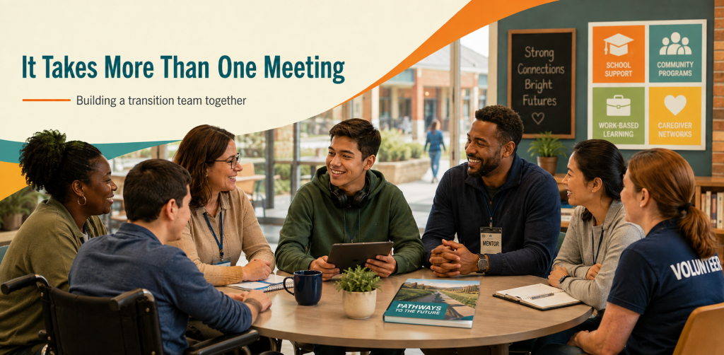 graphic titled “It Takes More Than One Meeting,” with the subtitle “Building a transition team together.” A diverse group of students and adults sit around a table in a bright community setting, smiling and talking together. One student uses a wheelchair and another holds a tablet, while a mentor, educator, family members, and a volunteer represent different parts of a transition support network. Background signs reference school support, community programs, work-based learning, and caregiver networks, reinforcing the importance of building connections around a student’s future goals.