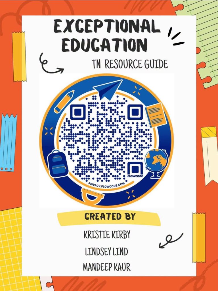 Orange, white, blue, and yellow flyer titled “Exceptional Education TN Resource Guide.” A large QR code appears in the center surrounded by school-themed graphics including a paper airplane, backpack, globe, ruler, notebook paper, and pencils. Text at the bottom says the guide was created by Kristie Kirby, Lindsey Lind, and Mandeep Kaur.