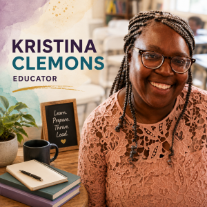 Square promotional graphic featuring Kristina Clemons, a Black woman educator wearing glasses and a pink lace top, smiling warmly at the camera. Her name, “Kristina Clemons,” and title, “Educator,” appear on the left beside a plant, coffee mug, stacked books, notebook and pen, and a small framed sign reading, “Learn. Prepare. Thrive. Lead.”
