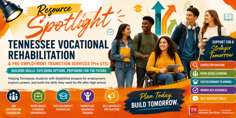 A vibrant Resource Spotlight graphic for Tennessee Vocational Rehabilitation and Pre-Employment Transition Services (Pre-ETS). Diverse transition-age students, including a young woman using a wheelchair, stand together beside colorful arrows representing future pathways. Text highlights career exploration, work-based learning, postsecondary planning, workplace readiness, and self-advocacy, with the message “Plan Today. Build Tomorrow.” and Tennessee Department of Human Services/Vocational Rehabilitation branding.