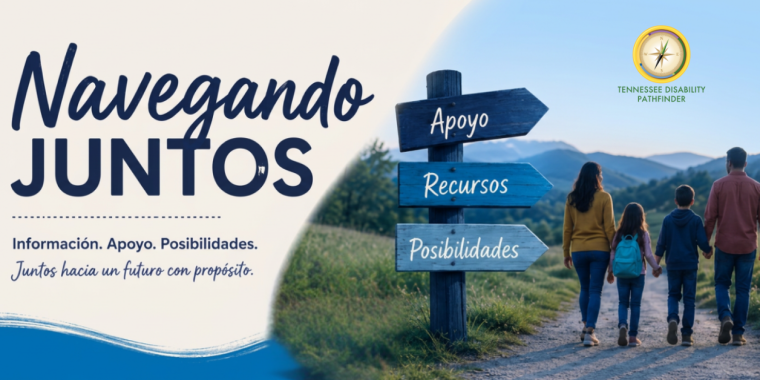 Newsletter graphic for “Navegando Juntos” with the title in navy and blue on the left and the phrases “Información. Apoyo. Posibilidades.” and “Juntos hacia un futuro con propósito.” Below the text is a large compass illustration. On the right, a family of four walks together down a rural path toward a warm sunset. Beside them, a wooden signpost points toward “Apoyo,” “Recursos,” and “Posibilidades,” reinforcing the theme of finding guidance and moving toward the future together.