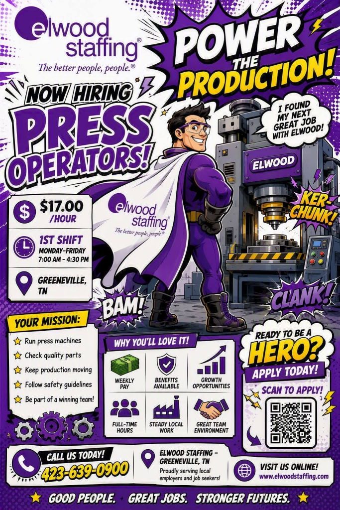 Elwood Staffing hiring flyer for Press Operator positions in Greeneville, Tennessee. The purple, white, and yellow comic-book-style graphic lists pay at $17 per hour and first-shift hours of Monday through Friday, 7:00 a.m. to 4:30 p.m. Job duties include running press machines, checking part quality, keeping production moving, following safety guidelines, and working as part of a team. Benefits highlighted include weekly pay, available benefits, full-time hours, steady local work, growth opportunities, and a team environment. Applicants can call 423-639-0900, visit ElwoodStaffing.com, or scan the QR code to apply.