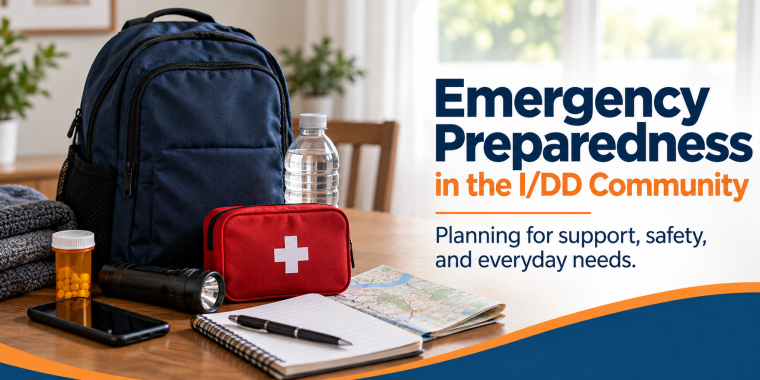 Emergency preparedness graphic featuring a navy backpack surrounded by essential supplies, including bottled water, medication, a flashlight, first-aid kit, phone, blanket, map, notebook, and pen. Text reads, “Emergency Preparedness in the I/DD Community: Planning for support, safety, and everyday needs.”