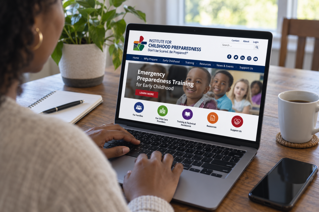 a woman seated at a wooden table using a laptop that displays the Institute for Childhood Preparedness website. The homepage features emergency preparedness training for early childhood and links for families, child care providers, training, resources, and support. A plain white mug, smartphone, notebook, pen, and leafy plant sit nearby, creating a simple, everyday setting for exploring preparedness resources.