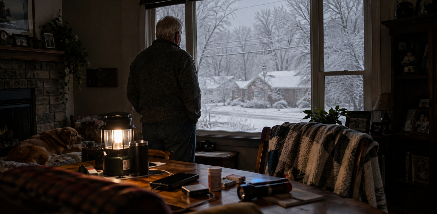 An older man stands inside a dimly lit home looking through a large window at a neighborhood covered in heavy snow. A lantern provides light on a table holding emergency items, including medication, a flashlight, phones, and other supplies. A dog rests nearby. The image illustrates preparing for emergencies that may disrupt electricity, transportation, communication, medication access, and daily routines.