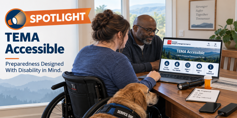 TEMA Accessible spotlight graphic featuring a woman who uses a wheelchair seated at a table with a Black man as they review the Tennessee Emergency Management Agency’s TEMA Accessible webpage on a laptop. A service dog rests beside her. Emergency planning items, including a flashlight, medication, phone, and preparedness checklist, are on the table. Text reads, “Spotlight: TEMA Accessible — Preparedness Designed With Disability in Mind.”